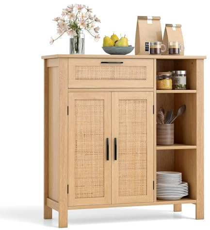 FANTASK Küchenschrank Holz, Sideboard mit Offene Fächer, Rattangeflecht-Türen & Schubladen, Buffetschrank für Wohnzimmer, Küche & Esszimmer, 75 x 30 x 80 cm
