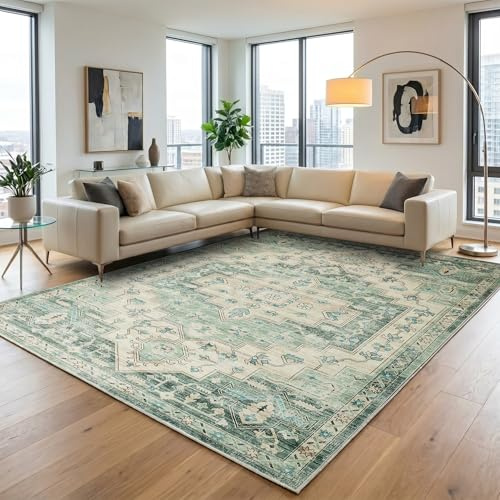 Aspire Homeware Machine Washable Sage Green Rugs Living Room 120 x 170 cm Large Short Pile Area Rugs for Bedroom Dining Room, Non Slip Carpet for Kids Room Soft Vintage Design Boho Rug, Ember