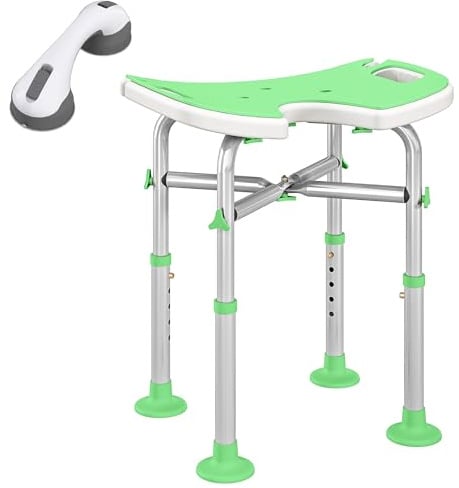 HOMCOM Height Adjustable Shower Stool, Suction Grab Rail, Green