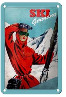 Femer Blechschild Reise 12x18 cm Ski Germany Frau mit Ski Deko Schild