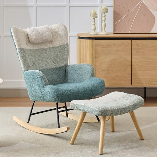 VIEKOS Boucle-Schaukelsessel, Schaukelstuhl im bunten Patchwork-Streifen-Look, Sessel Beine aus Gummiholz, Gestell aus gespritztem Eisen, Wohnzimmersessel, Schlafzimmersessel mit Fußbank