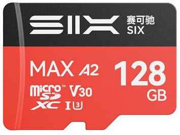 SIX M200 Carte Micro SD 128 Go Lecture jusqu'à 190 Mo/s pour enregistrement continu 4K UHD – Carte mémoire microSDXC A2, U3, V30 128 Go avec adaptateur pour caméras d'action, drones, consoles de jeu