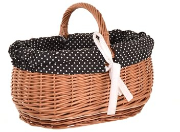 Aqbau Weidenkorb mit Henkel groß, Einkaufskorb geflochten Schwarz | Naturweide, schwarze Stoffeinlage mit weißen Punkten, ca. 36 x 23 x 16 cm, Höhe mit Henkel 27 cm, für Einkauf & Picknick