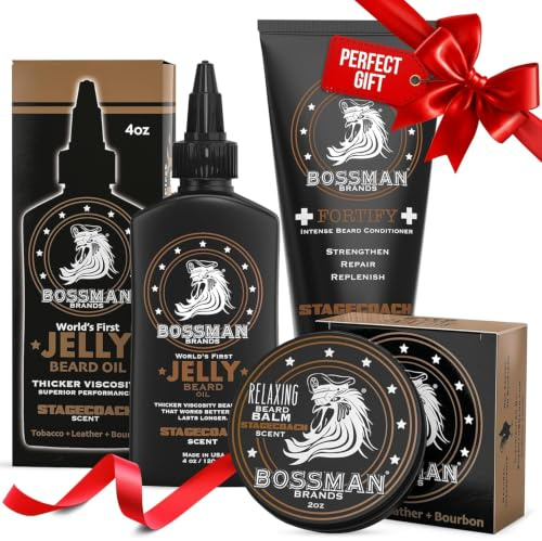 Bossman Essentials Beard Kit for Men, Set of 3 - Beard Oil Jelly, Fortifying Conditioner Cream, Beard Balm - Grooming Growth Care Accessories - Gift Set for Men (Stagecoach)