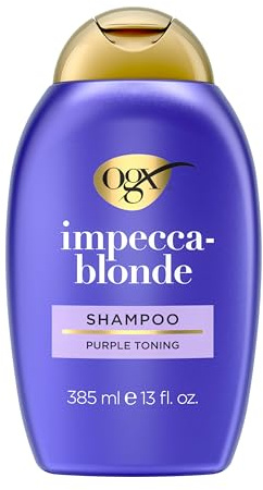 OGX Color Care + Impecca-Blonde Purple Shampoo, Highly-Pigmented Toning Shampoo for Blonde, Silver, & Lightened Hair, Hair Wash to Correct Yellow Tones & Protect from Color Fade, 13 fl. oz