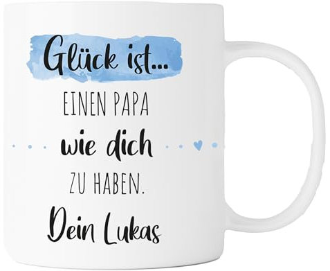 Personalisierte Kaffee-Tasse (Glück ist...) mit eigenen Wunschname. Für die Beste Freundin, Opa, Oma, Mama, Papa. Schönes Geschenk oder kleine Aufmerksamkeit | Muttertag (Bester Papa #2, Weiß/Blau)