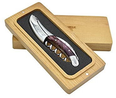 Laguiole En Aubrac Sommelier Cavatappi da cameriere, Maniglia in radica di pioppo viola stabilizzata, Aprivino con taglierina e apribottiglie, Supporto lucido