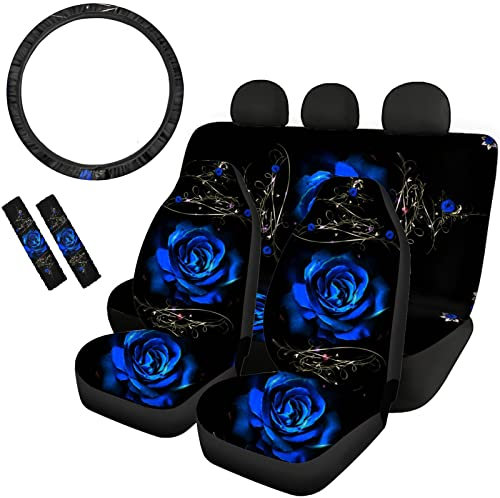 Coloranimal Autositzbezüge-Set für Vorder- und Rückseite mit blauem Rosenmuster, für Damen und Herren, weiche Auto-Lenkradbezüge, Schultergurtpolster