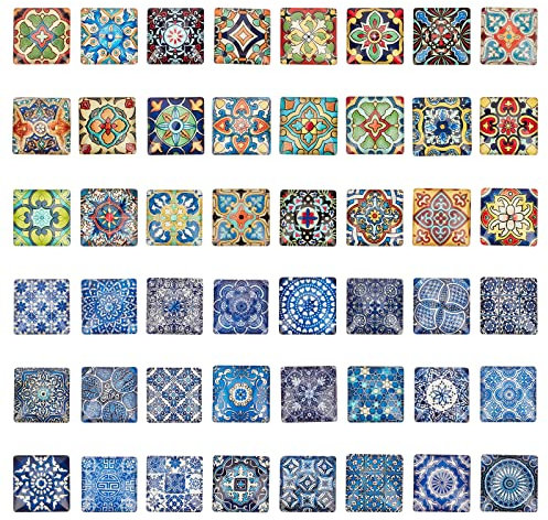 PandaHall 48pcs Cabochons Quadratische Mosaikfliesen Bodenfliesen Muster Mosaik Bedruckte Glaskuppel Cabochons Für Foto Cameo Anhänger Handwerk Schmuckherstellung Zubehör Handwerk, 25x25x7 mm