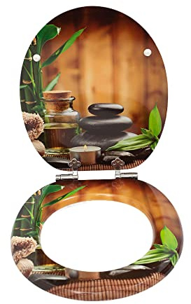 SINOBATH - Lunette de WC avec système d'abaissement automatique - Noyau en bois MDF - Charnière Softclose - Motif spa