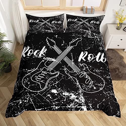 feelingyou Rock Roll Music Bedding Set Single Size,Guitar Instrument Duvet Cover for Kids Boys Bed Comforter Cover Set,Retro Abstract Graffiti Bedding Quilt Cover Set Decorative 2 Pieces