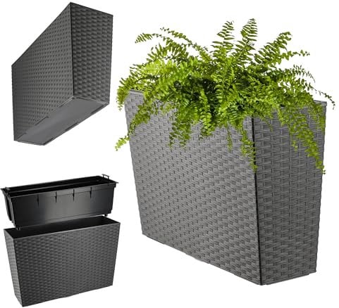 KADAX Blumenkasten aus Kunststoff, 18,5x55,7cm, 5 Farben, Blumentopf mit Bewässerungsbändern, Balkonkasten mit Einsatz, Pflanzkasten für Außen, Blumenkubel (Rechteckig, Rattanmuster, Grafit)
