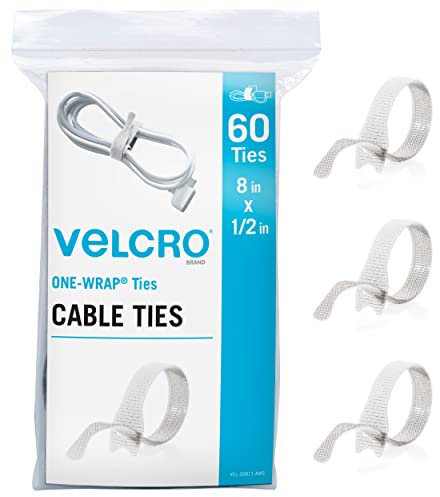 Velcro Brand White Cable Ties Heavy Duty | 60Pc Bulk Pack | 8 x 1/2 ONE-WRAP Straps | Strong Reusable Wire Management | Cord Bundling for Home Office and Data Centers