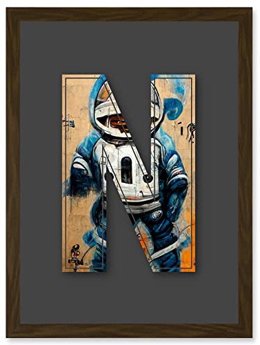 Wee Blue Coo Letter N Space Man Decorative Graffiti Mural Alphabet Initial Stencil Artwork Framed Wall Art Print A4