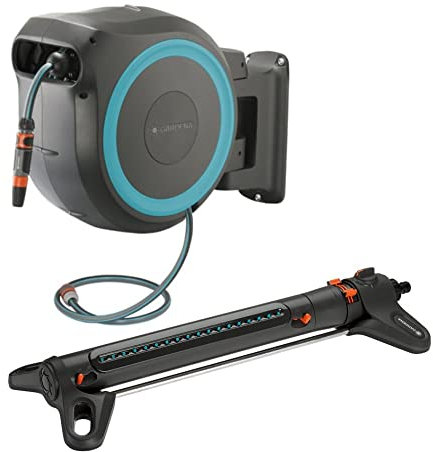 Gardena - Set di irrigazione da giardino RollUP M/L, 25 m, sistema di avvolgimento automatico + irrigatore per prato AquaZoom L, irrigatore quadrato da 350 m2