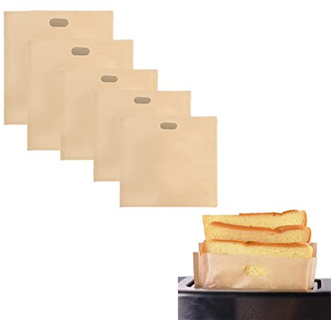 5 Pack Reusable Toaster Bags Non-Stick Toasted Sandwich Bags, Sturdy Plastic Bag for Sandwiches Easy to Open, Toastie Bags for Toaster Microwave Grill, Washable Toastie Bag