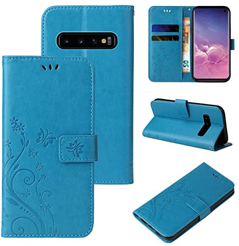 LBH Handy Hülle für Samsung Galaxy S10 Case Handytasche Schmetterling Blumen Flower Standfunktion Schutzhülle Magnet Rundum Schutz 360 Grad Flipcase Cover Blau