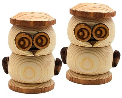 Dekohelden24 2er Set rustikale Salz-/Pfefferstreuer als Eule, Größe ca. H/Ø: ca. 7 x 4,5 cm aus Holz