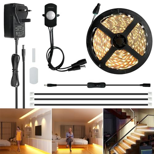 Sensky 19.7ft/6m Motion Activated LED Strip Light Kit Flexible LED Strip Motion Sensor for Bedroom, Under Cabinet, Under Bed, Pantry, Kitchen, Stairway, Closet(Warm White 3000-3500K)