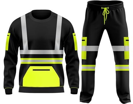 Set tuta da lavoro in pile ad alta visibilità, orlo aperto, pantaloni con risvolto, tasche con coulisse, felpa a maniche lunghe, set di pantaloni e top di sicurezza, Giallo e nero., L