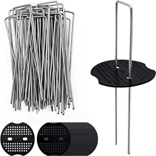 Kenhihi 50 Stück Gartenstecker Klammern + 50 Stück Dichtung, 15,2 cm Rasenlandschaftsklammern 11 Gauge U-förmige verzinkte Landschaftsstifte, robuste Garten-Bodennadel für Unkrautbarriere, Grasgewebe,