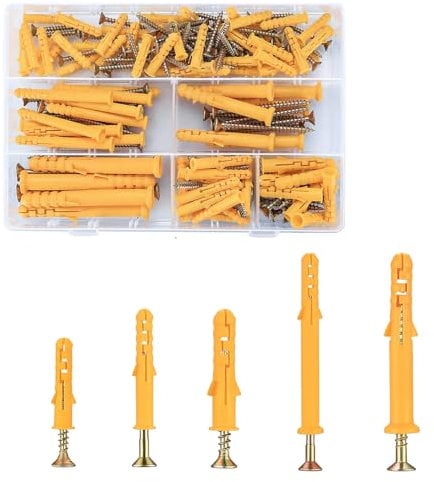 Freeasy 90pcs Wall Plugs and Screws Set,5 Different Sizes of M8/M6 Plastic with Masonry Kit for Brick,Concrete,Drywall,45 Self Tapping & 45 Expansion Plug Anchor Bolts Box