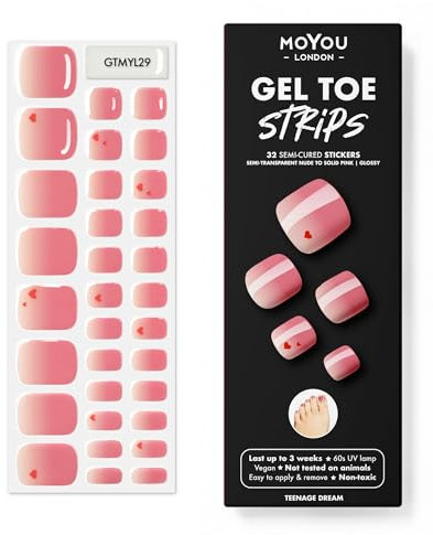MOYOU LONDON Semi Cured Gel Nail Strips - 32 Pcs. Waterproof Toe Gel Nail Wraps, Cures in Sunlight or UV/LED Lamp, Lasts Up to 2+ Weeks, Stretchable, Easy to Apply & Remove, Vegan & Cruelty-Free