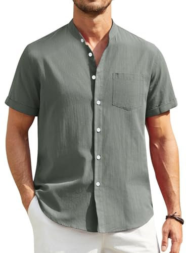 Enlision Camicia Lino Uomo Maniche Corte Estiva Camicia Senza Collo Uomo di Lino Cotone Henley Shirt con Bottoni Libero Camicie Grigio per Estate Vacanze M