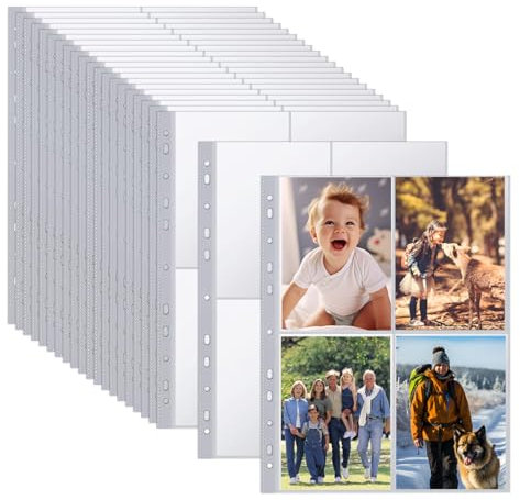 BATINO 40 Stück 320 Taschen Fotohüllen A4 Klarsichthüllen für Fotos, 4 Fächer, Doppelseitiger 4 Taschen Foto Seitenschutz, 11 Löcher Sammelhüllen A4 4 Geteilt Schutz von Postkarten Fotos, Dokumente