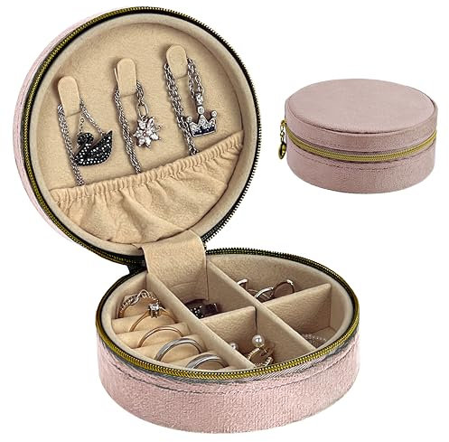 HomeGadget Reise Schmuckkästchen - Runde Schmuck Box aus Samt mit Reißverschluss - Jewelry Organizer - Rosa