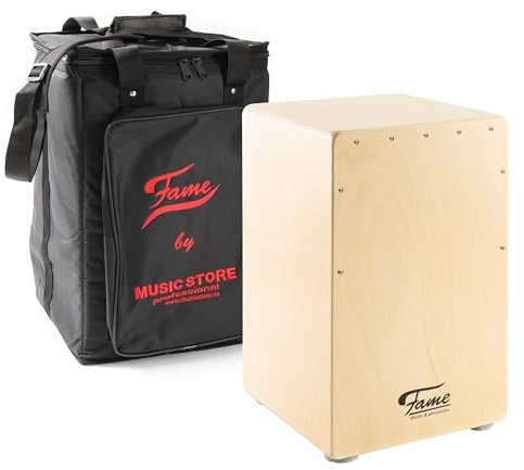 Fame Cajon Set, Snare Birch Cajon, Snare-Teppich System, Natural Finish, Adjustable Frontplate, Includes Bag