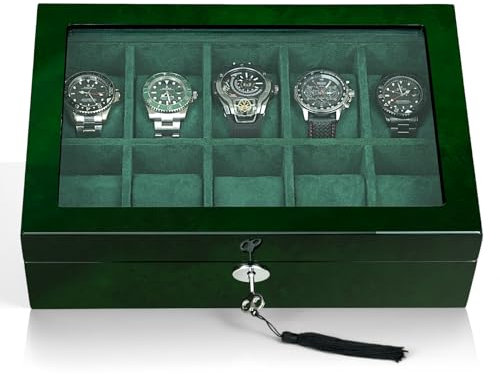 Uhrenbox für Herren, 10 Uhren-Organizer, Smartwatch-Display, Holz mit weichem Samt-Innenraum, großes Glasfenster, Geschenk für Damen und Herren