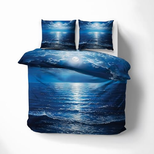 MOBEITI Meer Bettwäsche 200x220, Mond Ozean Wendebettwäsche, Weiche Kuschelige Mikrofaser Bettbezug Set 3teilig, 2 Kissenbezug 80x80, mit Reißverschluss -MO&171