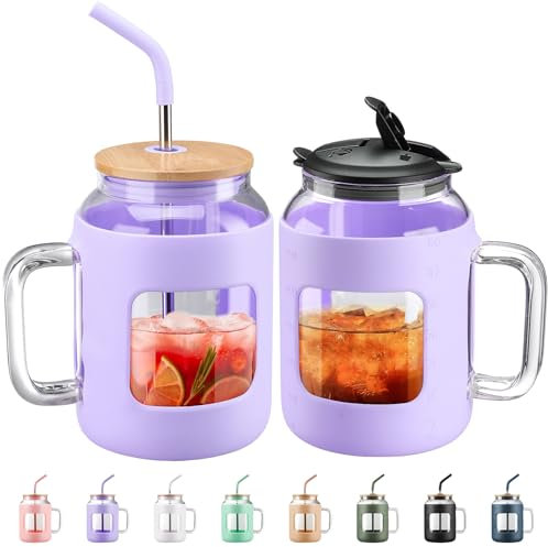BLUEGO 1500ml Glass Tumbler with Handle and Straw Reusable Glass Tumblers with Lid Glass Coffee Mug with Silicone Sleeve BPA Free 1.5L Glass Water Bottle Leak Proof,Purple