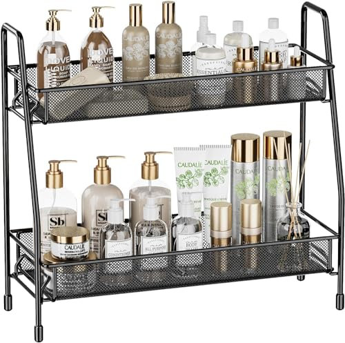 Porta Spezie Organizer Scaffale per Cucina - 2 Livelli Portaspezie in Metallo Salvaspazio Mensola Supporto Mobile Stoccaggio per la Cura Della Pelle in Supporto per Bagno Cucina Ufficio, Nero