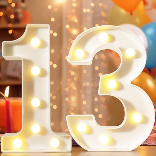 8.8 Decorative LED Light Up Numbers, Marquee Numbers Lights for 13th Birthday Decorations, Lighted Number Sign for Birthday Party Night Lights Anniversary Backdrop Home Decor, White Number 13