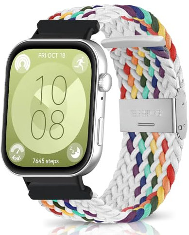 ZoRoll Bracelet Compatible avec Huawei Watch Fit 4 pro/4/3, Tressée Nylon Sport Bandes Montre Remplacement Bracelets Compatible avec Huawei Watch Fit 4 pro/4/3 - Arc-en-Ciel Blanc