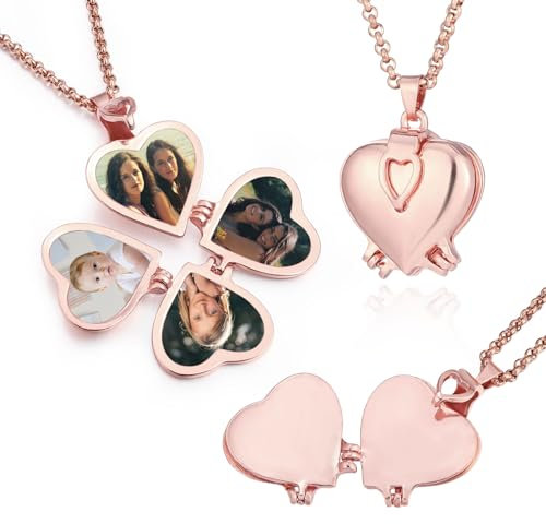 MeMeDIY Personalized Heart Locket Necklace That Holds 4 Photos Custom Photo Locket Pendant Necklace for Women/Mom Gold Plated Vintage Pendant -B3