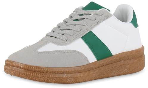 VAN HILL Damen Sneaker Low Flach Basic Bequem Schuhe 215912 Weiss Grün 37