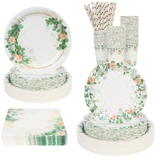 Set di Piatti di Carta Verde Salvia per 50 Persone, Usa e Getta, Bicchieri e Tovaglioli per Compleanni, Matrimoni, Baby Shower, Safari Nella Giungla (Set da 50 Ospiti)
