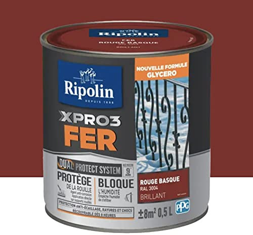 RIPOLIN Peinture fer glycéro XPRO3 Fer Brillant Rouge Basque 0,5 L