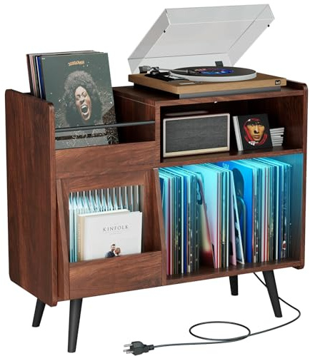 Large Record Player Stand with Sliding Door,350 Vinyl Record Storage Cabinet, Record Player Table with Power Outlet and LED Light,Turntable Stand with Wood Legs for Living Room,Bedroom,Office