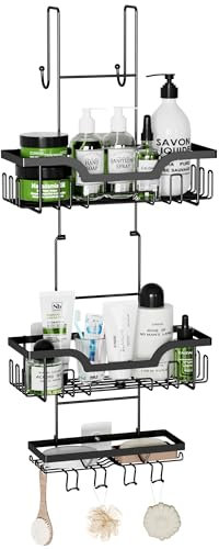 Honsdom Porta Shampoo Doccia da Appendere, Mensola Portaoggetti Doccia Antiruggine, 2 Cestini Organizer con Portasapone e Ganci per Spugne Rasoi, per Porta in Vetro Bagno