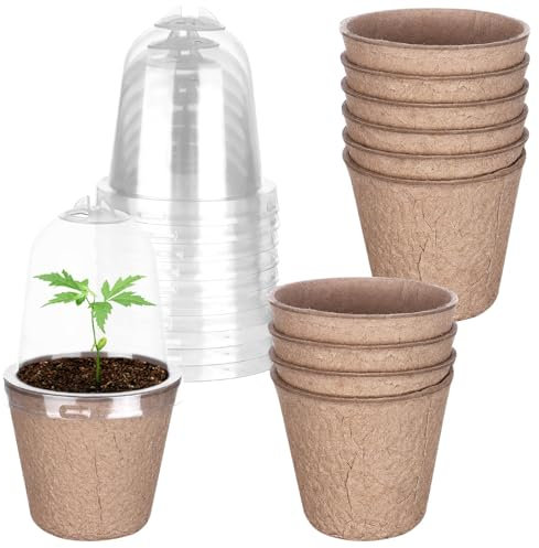 WWmily Set di 10 vasi per piante con cupola di umidità, rotondi, biodegradabili, in fibra di carta, per piantine, giardino, germinazione di ortaggi e fiori