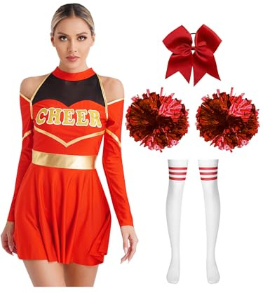 Sxiwei 4 Stück Cheer Leader Kostüm Damen Langarm Cheerleading Uniform mit Pompons Socken Haarband Halloween Karneval Fasching