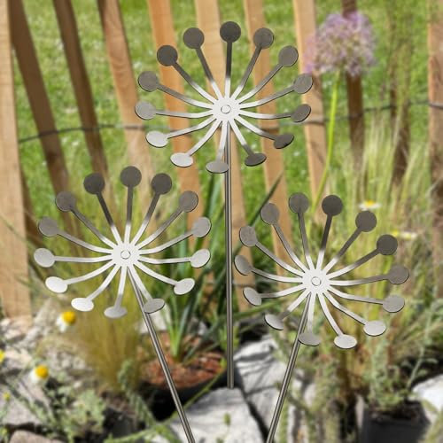 Zonon 3 Stück Löwenzahn-Metallblumen, silberfarben, dekorative Gartenstecker für Außendekorationen, Metall, Stahl, Sommer-Hof, Kunstarrangement für Außenbereich, Rasen, Hof, Gehweg, Veranda, Weg