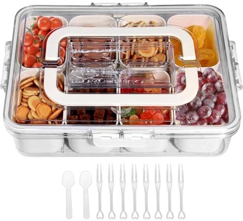 Dinhauyon Snack Box with Compartments, Snackle Box Container, 8 Compartments Portable Divided Serving Tray with Fork Spoons, Transparent Container for Bento in Airplanes or Picnicking Storing