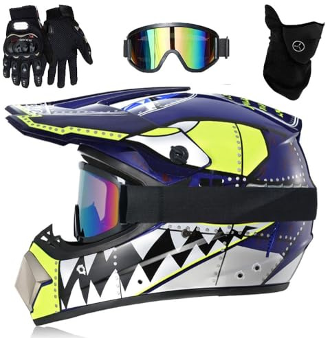 Jugend-Motocross-Helm, Kinder-Motorradhelm MX Quad ATV Sports Enduro Crash Dirt Bike, mit Schutzbrille, Maske, Handschuhen(Blue Teeth,M(54-55cm))