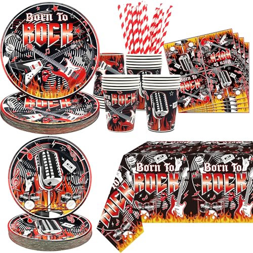 Rock and Roll Party Supplies, einschließlich Teller, Servietten, Tischdecke, Strohhalme, für Rock-Musik-Thema Party-Dekorationen serviert 20 Gäste