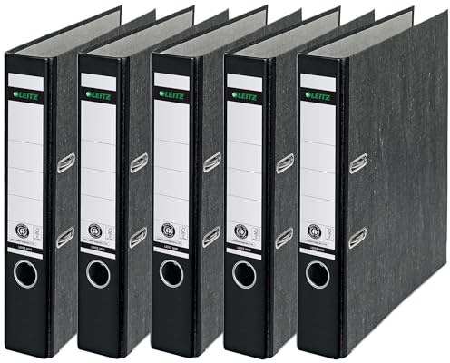 Leitz Qualitäts-Ordner, das Original, DIN A4 Aktenordner 8 cm breit, Wolkenmarmor-Papier, Recycling-Ordner, Blauer Engel, Mit 180° Mechanik, Höchste Stabilität (Schmal, Schwarz, 5 Stück)